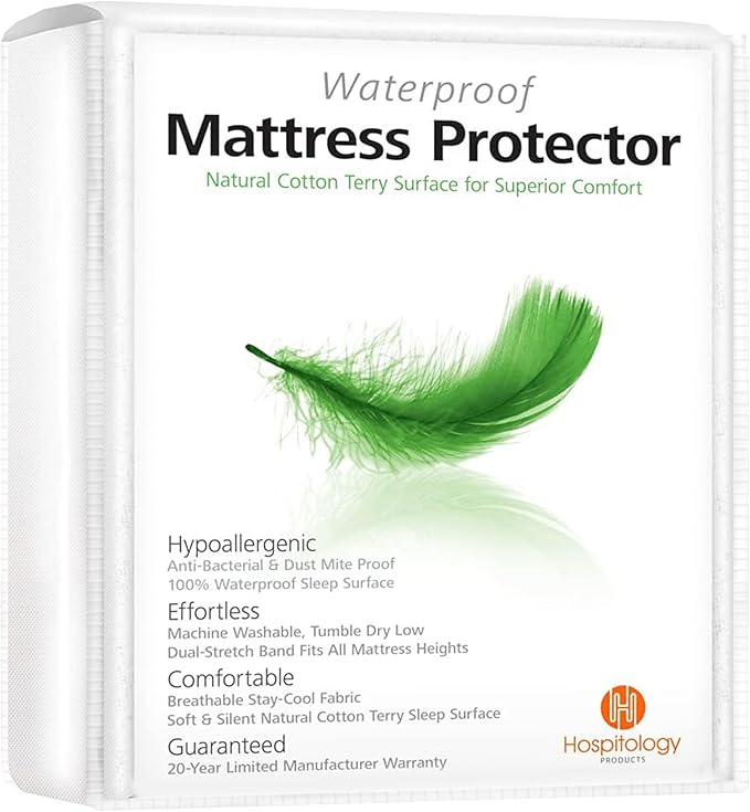 HOSPITOLOGY PRODUCTS Queen Mattress Protector Hypoallergenic Natural Cotton - Waterproof - Fitted Cover - Machine Washable - 60" W x 80" L