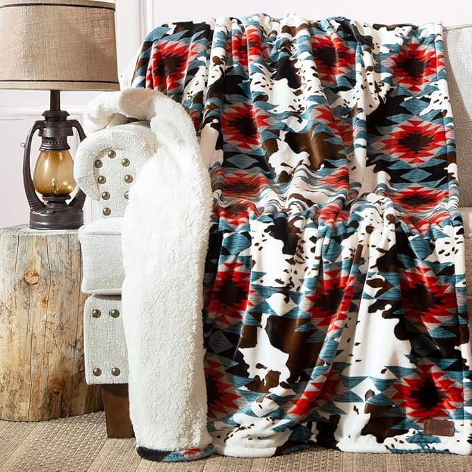 CARSTENS, INC. Wrangler Ultra Premium Super Soft Plush Sherpa Fleece Oversized Throw Blanket 54" x 68", Southwestern Cowhide