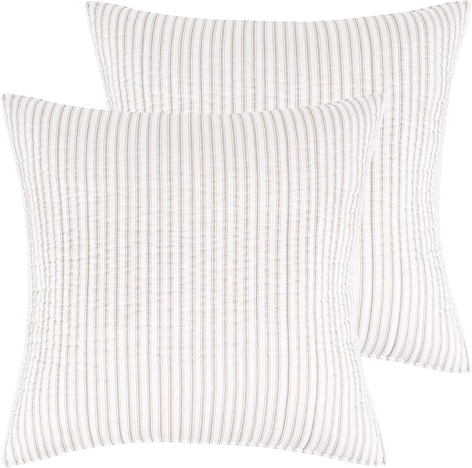 Levtex Home - Tobago Stripe Taupe - Quilted Taupe and White Shams Set of Two (26x26in.), No Insert - Pin Stripe - Cotton Fabric