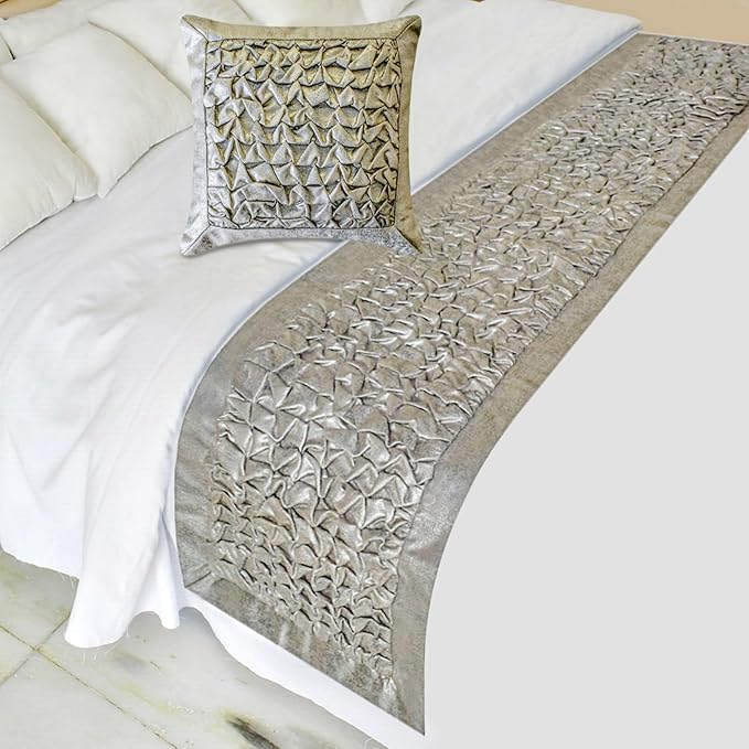 The HomeCentric King/Queen/Twin Silver Decorative Bed Runner Queen 74"x18" Bed Runner with One Pillow Cover, Foil, Knotted,Textured Bed Scarf on Jacquard Fabric - Polished Silver