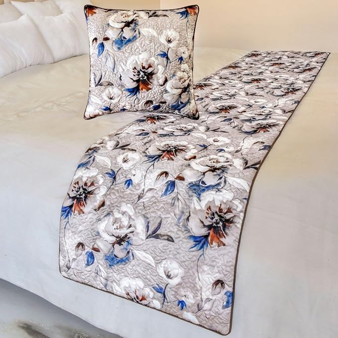 The HomeCentric King/Queen/Twin Ivory Luxury Twin 53"x18" Bed Runner with Two Pillow Cover, Floral, Quilted Bed Scarf on Satin Fabric - Floral Harmony
