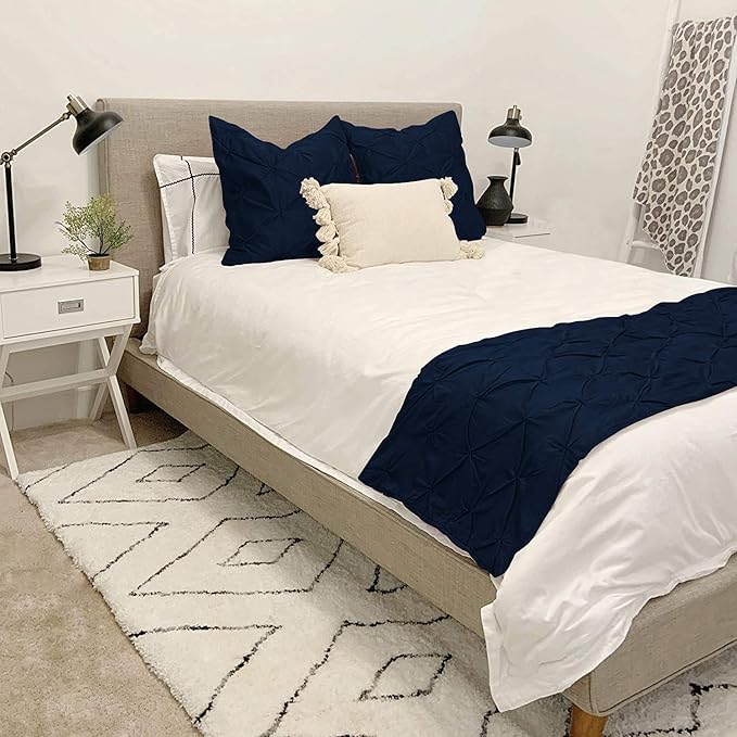 Bed Runner Set - 100% Pure Cotton 800 Thread Count - Luxury 1 Pinch Pleated Bed Runner and 2 Pillow Cover - 3 Piece Pinch Pleated Bed Runner Set Queen, Navy Blue
