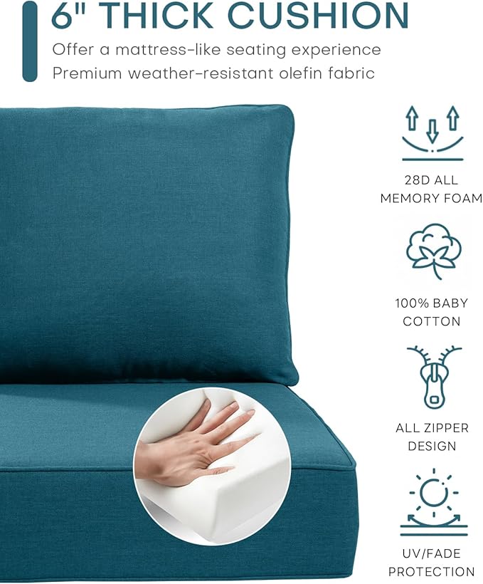Luxury 22x24/22x25 6-Inch Outdoor Seat Cushions - Set of 2 Water Resistant Patio Chair Cushion for Porch Set Rattan Dining Rocker Glider Chairs Loveseat Couch Sectional Sofa - Peacock Blue