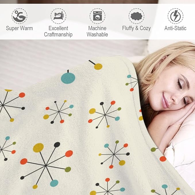 Mid Century Throw Blanket, Retro Abstract Geometric Pattern Boho 1950s 1960s Iconic Atomic Starbursts Modern Sputnik Print Blanket for Couch Sofa Bed Decorative Gifts 40"x50"