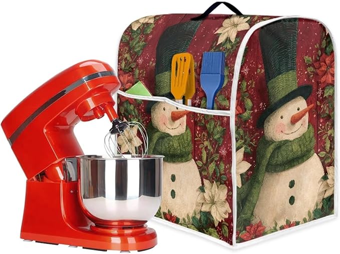 Christmas Mixer Cover Compatible for 6-8 Quart Kitchen Mixer Snowman Kitchen Appliance Dust Cover with Top Handle and Accessories Pocket Christmas Decoration