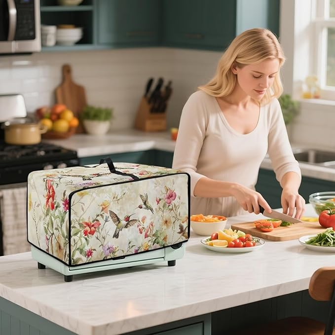 Convection Toaster Oven Cover Decorative Dustproof Convection Microwave Oven Cover with Storage Pockets for Kitchen Countertop, S, 14.5 x 18.5 x 9 Inches, Retro Hummingbird Floral