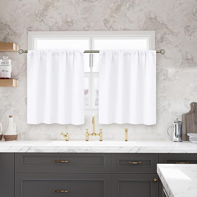BGment Short White Kitchen Curtains 30 Inch Length - Cafe Drapes with Rod Pocket Privacy Protection for Bathroom Basement Windows Over Sink, 2 Panels, 42 x 30 Inch