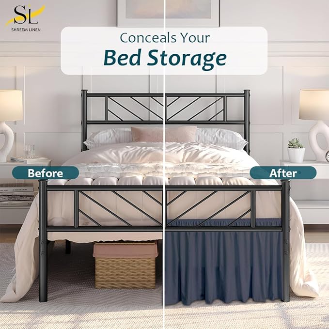Shreem Linen Ruffled Bed Skirt with Split Corners, Gathered Style, 100% Microfiber, 12-Inch Drop, Dust Ruffle Bedskirt with Platform, Cal-King, Dark Grey