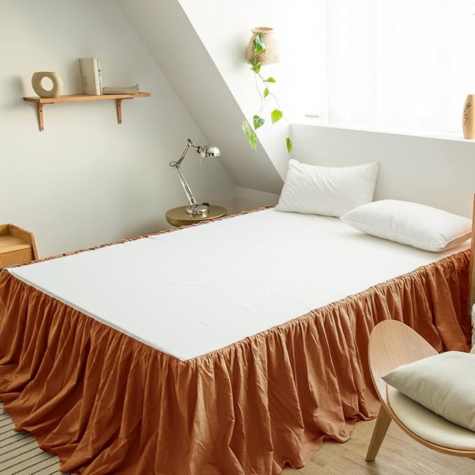 BISELINA French Linen Bed Skirt with Pleated Frills 14-Inch Tailored Drop Natural Flax Cotton Blend Dust Ruffle Soft Cozy Farmhouse Bedding (14" Twin, Rust)
