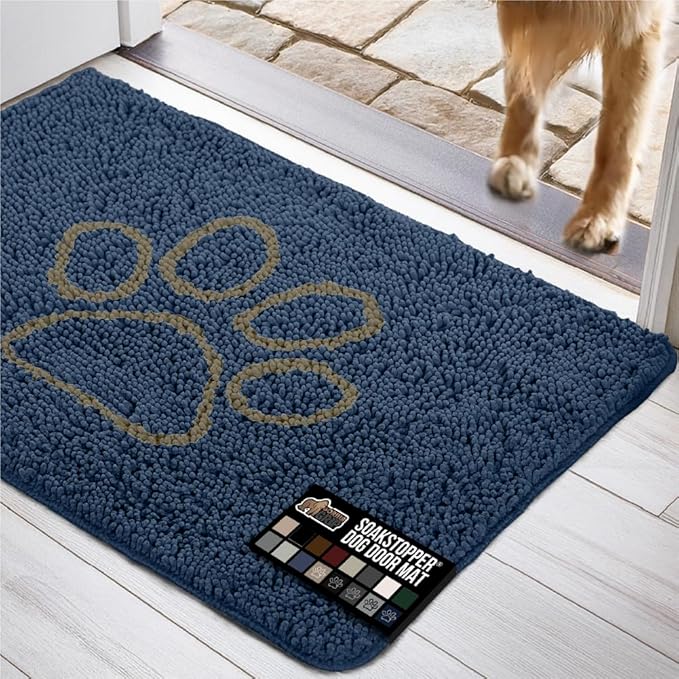 GORILLA GRIP SOAKSTOPPER Dog Door Mat, 36x24 Machine Washable Rug Absorbent Doormat Captures Moisture Mud Dirt, Quick Dry Soft Chenille Entryway Rugs Indoor Entrance Mats for Dog Paws, Navy