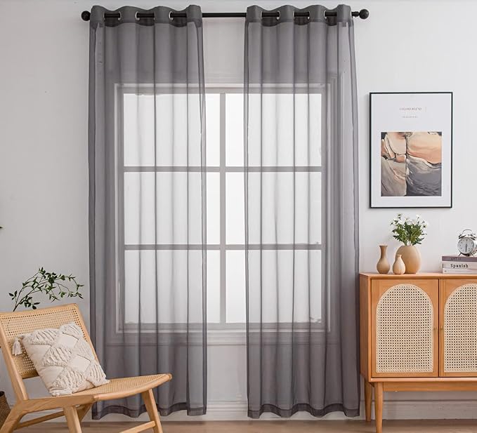 PI Sheer Curtains with Ring Top,Lightweight Voile Textured,Home Decoration Window Backdrop for Living Room/Bedroom 2 Panels (W52 X L90, Dark Grey)