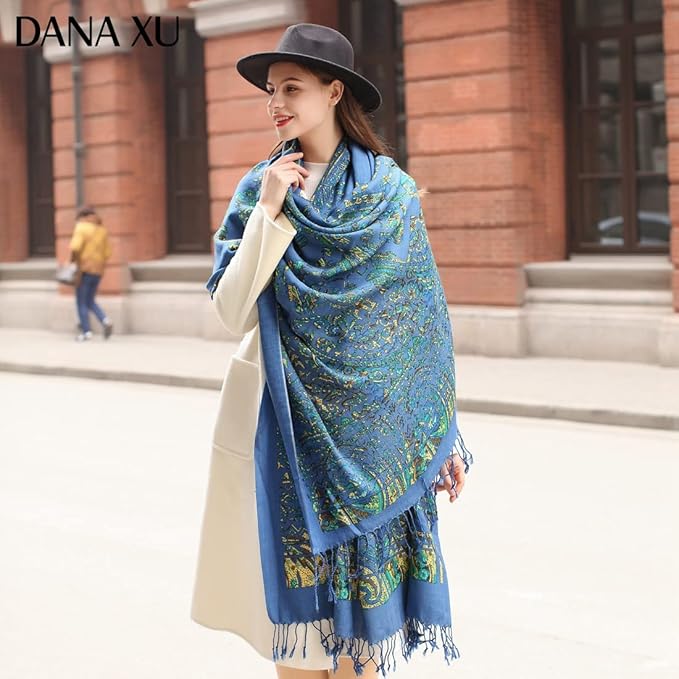 DANA XU 100% Merino Wool Pashmina Shawl for Women 96"x43", Oversized Cashmere Wrap with Tassels, Floral Travel Blanket Cape