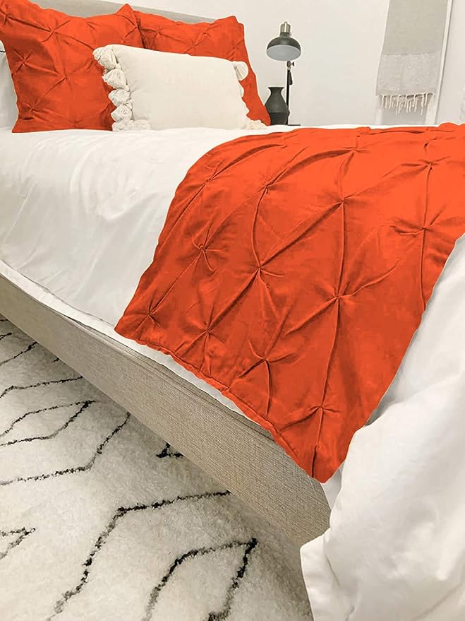 Bed Runner Set - 100% Pure Cotton 800 Thread Count - Luxury 1 Pinch Pleated Bed Runner and 2 Pillow Cover - 3 Piece Pinch Pleated Bed Runner Set King, Orange