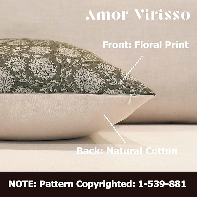 Amor Virisso Floral Pillow Covers 24x24 Throw Pillow Covers Vintage Block Print Pillow Cover Neutral Couch Pillows for Living Room Farmhouse Decorative Accent Sofa Pillows, Dusty Green