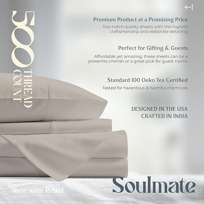 Mayfair Linen 500 Thread Count Twin XL Cotton Sheets - 3 PC Twin XL Size Bed Sheet Set Cotton (Taupe), Soft, Cooling, Sateen Hotel-Quality 16" Deep Pocket Bedsheet for Hot Sleepers (Fits 18" Mattress)