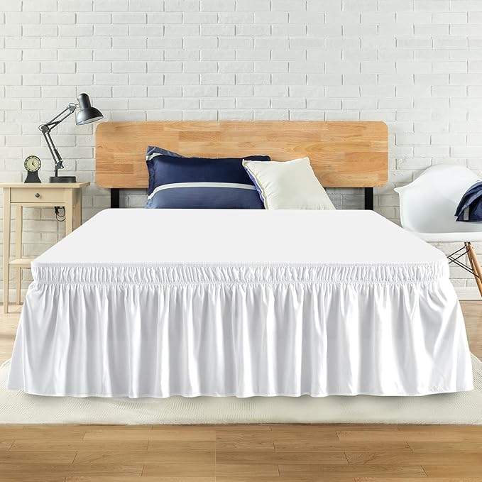Queen Bed Skirt, Elastic Wrap Around Bed Skirt Queen Size, Bed Skirts for Adjustable Bed, Easy Fit with 18" Drop Length Tailored Drop Dust Ruffle (White)