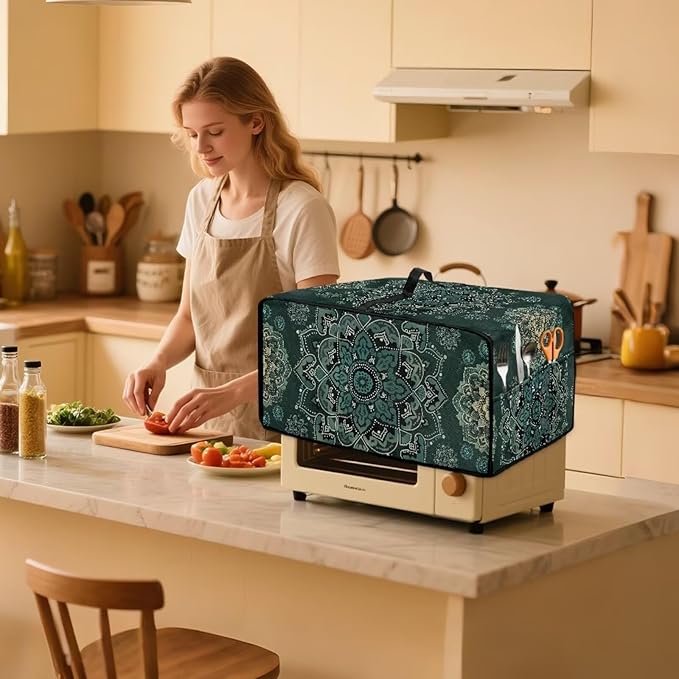 Green Boho Mandala Floral Print Microwave Oven Cover Dust-Proof Microwave Oven Grill Cover Protector Universal Waterproof Kitchen Appliance Protector Dirt and Fingerprint Protection, L