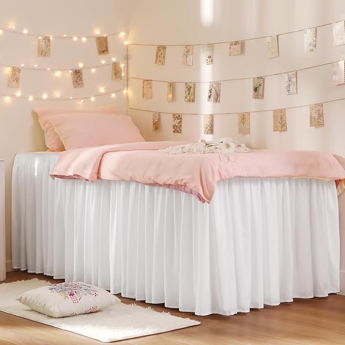 RIMELA Dorm Bed Skirt Twin XL 32 Inch Drop, Easy to Install Extra Long Wrap Around Elastic Dust Ruffle, White Bedskirt Solid Silky Fabric Machine Washable, Bedroom Decor