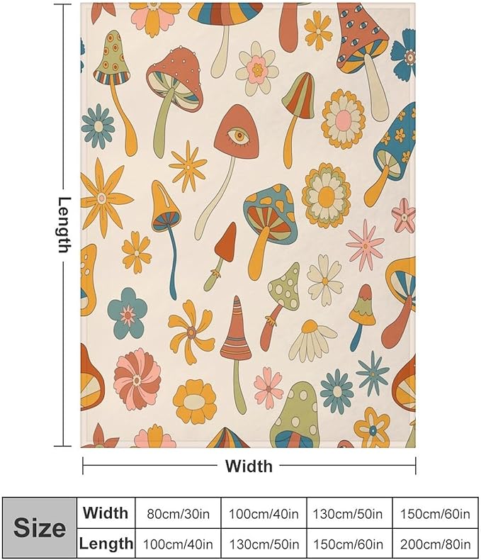 70s Mushroom Throw Blanket, Retro 60s Groovy Mushroom Boho Hippie Flowers Print Blanket for Kids Baby Bedroom Sofa Holiday Decor 60"x80"