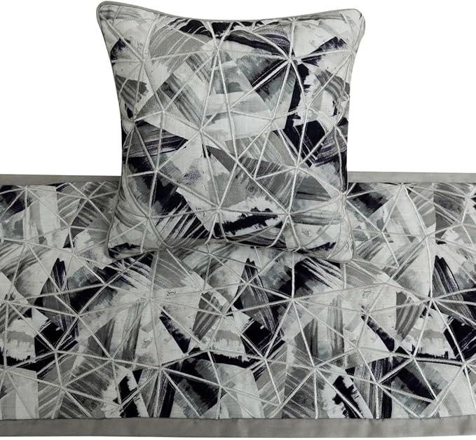 The HomeCentric King/Queen/Twin Grey Decorative King 90"x18" Bed Runner with Pillow Cover, Print & Embroidery Bed Scarf on Cotton Fabric - Grey Angular