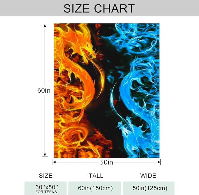 Ice & Fire Dragon Throw Blanket for Couch, Super Soft Fuzzy Throws Warm Comfortable Plush Fleece Blanket, Fashion Decorative Flannel Fleece Blanket for All Season(50 x 60 in, Ice & Fire Dragon)
