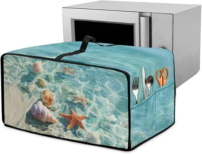 Toaster Oven Cover Washable Small Kitchen Appliance Dust Cover with Pockets, for Air Fryer Toaster Ovens, Microwaves, M, 16.5 x 20.5 x 10 Inches, Blue Beach Starfish Seashell Conch Whelk