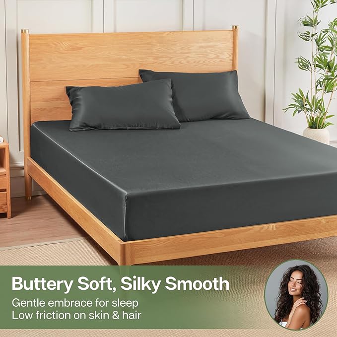 MR&HM California King Fitted Sheet, Ultra-Soft Rayon Derived from Bamboo & Polyester Blend, Silky & Breathable, 15" Deep Pocket with Elastic Straps, Cooling Fitted Sheet for Hot Sleepers, Dark Grey