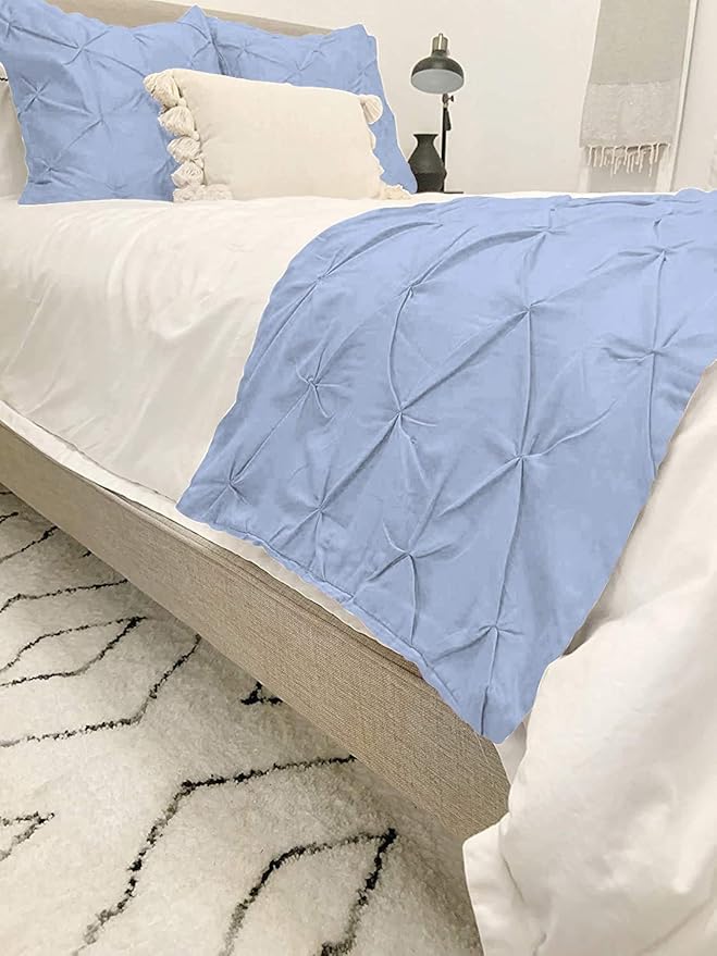 Bed Runner Set - 100% Pure Cotton 800 Thread Count - Luxury 1 Pinch Pleated Bed Runner and 2 Pillow Cover - 3 Piece Pinch Pleated Bed Runner Set Twin, Light Blue