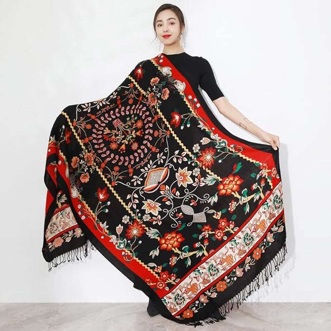 DANA XU 100% Merino Wool Pashmina Shawl for Women 96"x43", Oversized Cashmere Wrap with Tassels, Floral Travel Blanket Cape