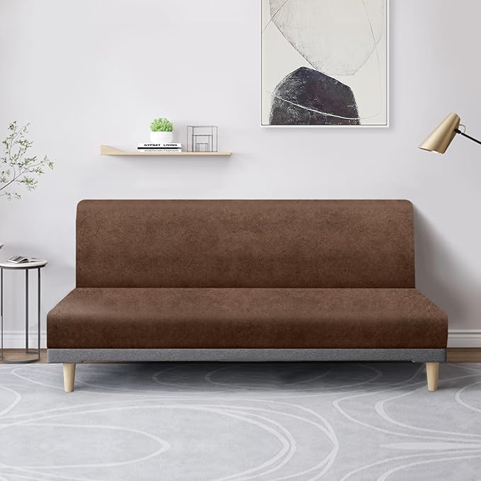 molasofa Leather Like Stretch Futon Slipcover Armless Futon Bed Sofa Cover Furniture Protector with Elastic Bottom, Soft and Washable Futon Cover for Sofa Bed Stay in Place（Medium，Light Brown）