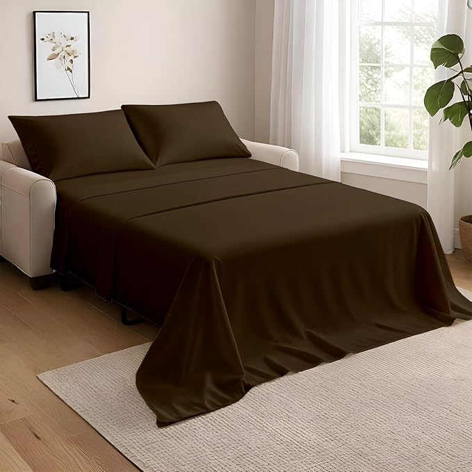 NON Sticky cotton Twin Size Sleeper Sofa Sheets, 4 Piece Egyptian Cotton Bed Sheet Set for Sofa Bed, 6" Deep Pocket Fitted Sheet for Pull Out Couch Mattress, 39" x 75", Chocolate Solid