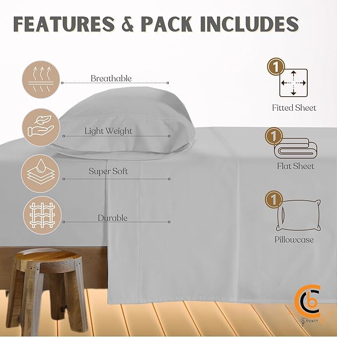 Camping Cot Sheets 30" x 80" - 3 Piece Cot Sheet Set for Bunk Bed - fits upto 9" Deep Mattress, Perfect for Narrow Twin, Camping Cot, RV Bunk, Guest Beds, Trifold Mattress - Light Grey
