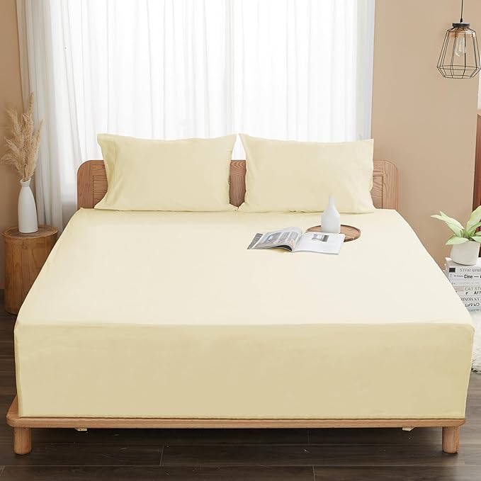 Sunflower Queen Fitted Sheet, 1-Piece Extra Deep Pocket Fitted Bottom Sheet 22", 100% Cotton Sateen Soft Breathable, Butter Cream