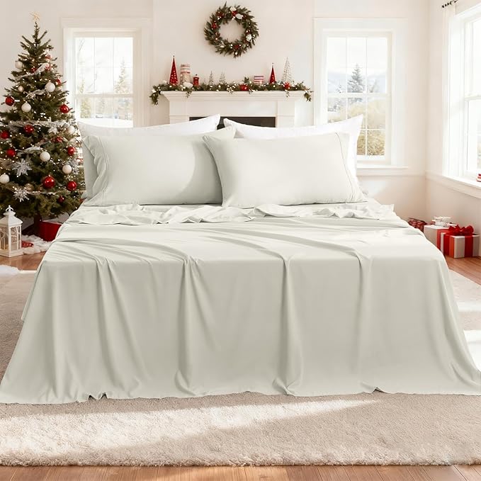 Holtel Luxury Twin Sheet Set - 3 Piece Soft Microfiber Sheets for Twin Size Bed, 16" Deep Pocket Easy Care Wrinkle Free Cooling Bedding Sheet and Pillowcase Set, Ivory