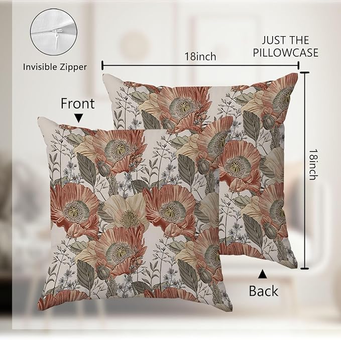 Vintage Boho Floral Pillow Covers 18x18 - Retro Bohemian Decorative Throw Pillow Covers Pillowcases for Living Room Bedroom, Floral Outdoor Pillow Covers, Cottagecore Room Decor (Double-Sided)