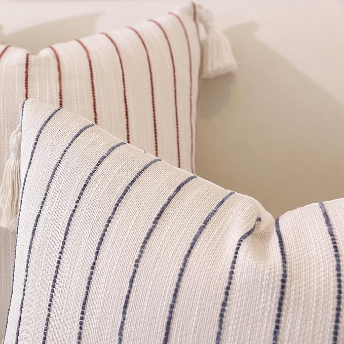 Decorative Boho Throw Pillow Cover 18x18 Inch Set of 2, Textured Linen Striped Throw Pillows with Tassels, Farmhouse Decor Cushion Covers for Couch Bed Living Room, Dusty Blue