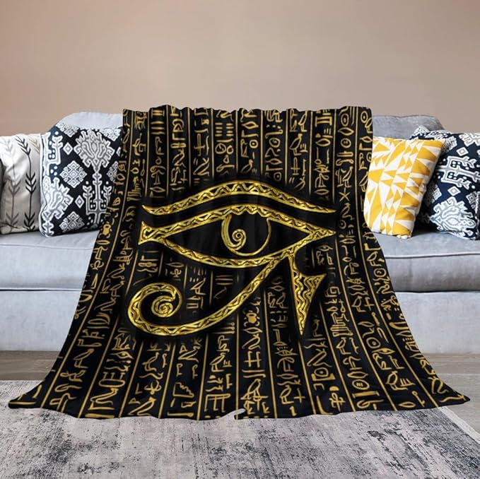 Ancient Egyptian Blanket, Egyptian Eye of Horus Ancient Culture Golden Egyptian Hieroglyphs Alphabet Print Blankets for Couch Sofa Bed Boys Mens, 50"x60"