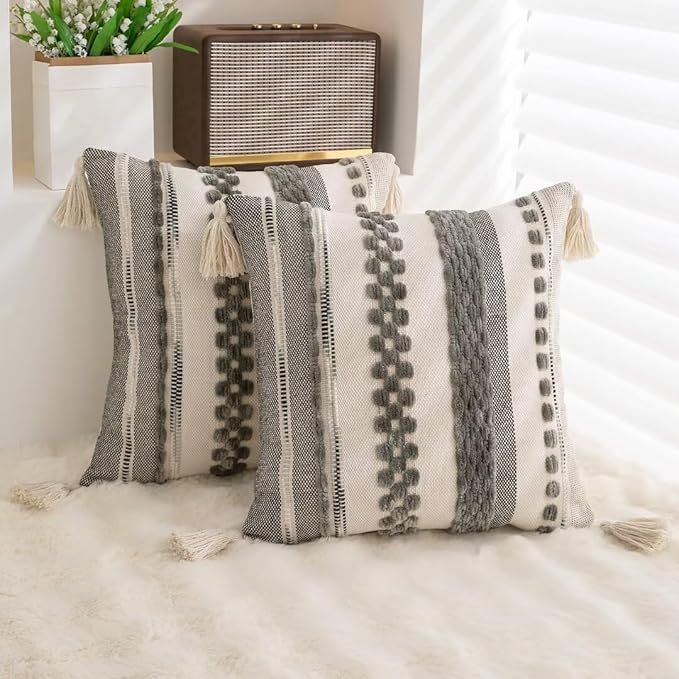 Boho Throw Pillow Covers 18x18 Set of 2 Woven Tufted Farmhouse Pillows Cover with Tassels Textured Striped Cushion Case Neutral Pillow Cases Decorative Pillowcase for Sofa Couch Bed,Gray