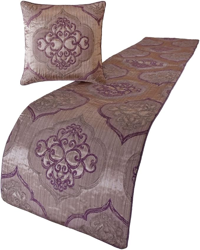 The HomeCentric King/Queen/Twin Purple Decorative King 90"x18" Bed Runner with 2 Pillow Cover, Damask & Quilted Bed Scarf on Jacquard Fabric - Embre Purple