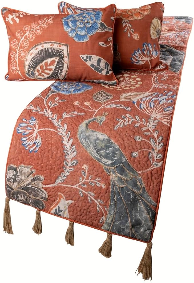 The HomeCentric Orange Bed Runner, Full Size 68"x18" Decorative Bed Runner with Matching Pillow Cover, Rust or Orange Linen Bed Scarf in Quilted Peacock, Linen & Jute Embroidery - Peacock Soiree
