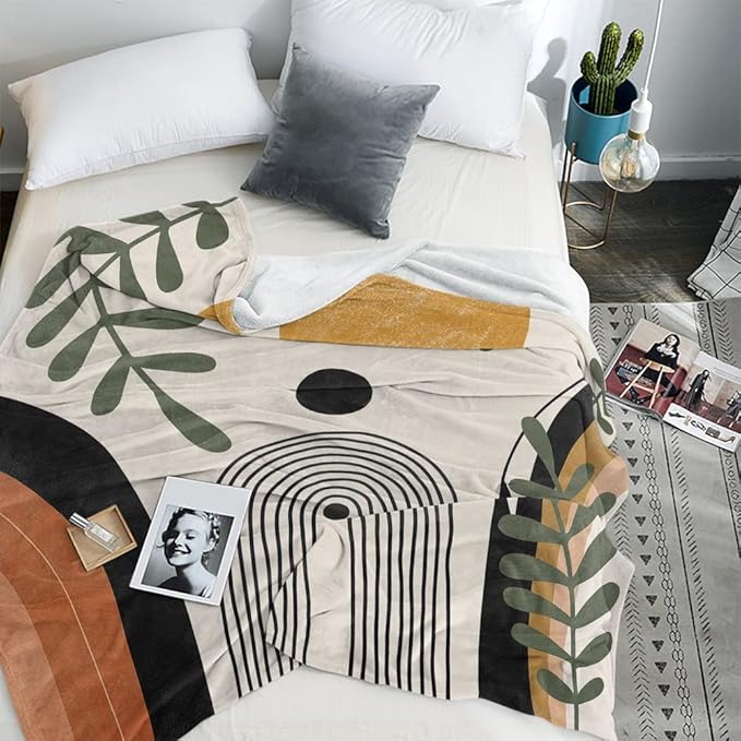 Abstract Modern Throw Blanket Boho Minimalist Mid Century Sun Aesthetic Soft Warm Bed Bedding Women Blankets for Couch Bedroom Sofa Office Cozy Flannel Blanket Orange Beige Black,50"X60"