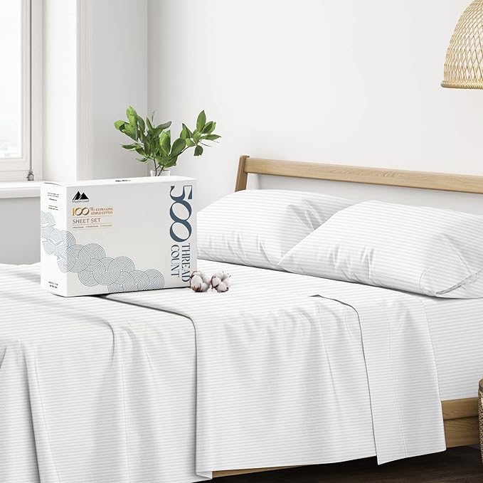 Mayfair Linen 100% Cotton Striped Sheets Full Size Bed Set - 500 Thread Count Damask Sheets Full Size 4 PC Set (White Stripe), Soft, Cooling, Sateen Weave Hotel-Quality 16" Deep Pocket Bedsheet