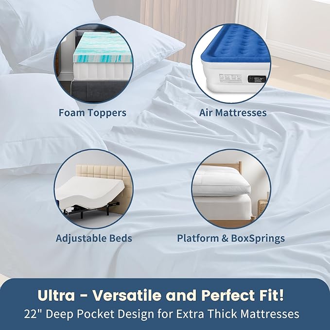 100% Linen Sheet Set Queen Size Extra Deep Pocket Fits 18-24 Inch Mattress, Breathable & Soft, Smooth 6-Piece Set for Thick Mattresses Hotel Luxury Bedding（Queen, Dusty Blue）