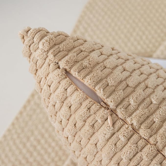 Kevin Textile 14x24 Inch Pillow Cover 1 Pack Boho Decorative Soft Striped Corduroy Lumbar Farmhouse Solid Color Accent Rectangle Cushion Case for Living Room Couch Sofa Bed, Beige