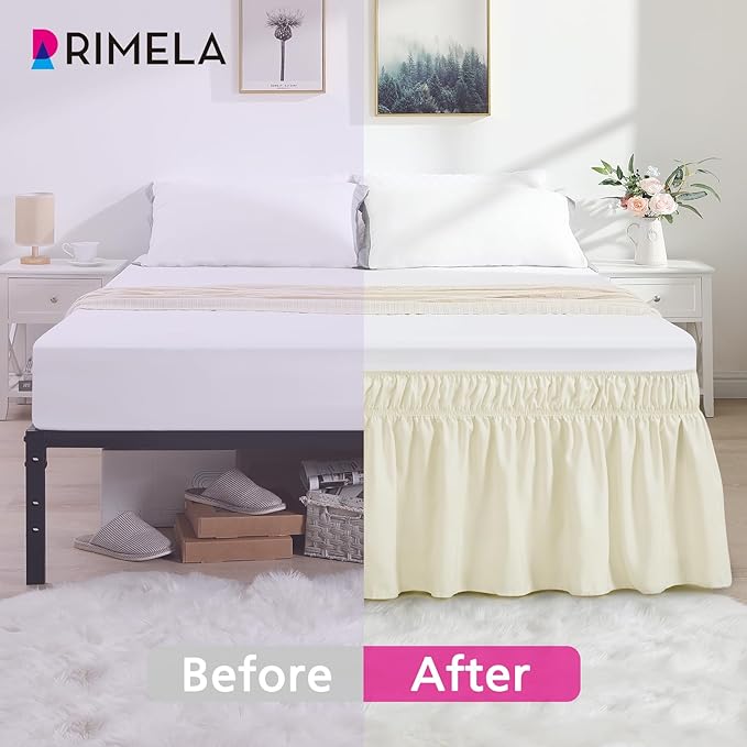 RIMELA Ivory Bed Skirt King Size 18 Inch Drop, Elastic Bed Skirting for Bed Base and Frame, Bedding Dust Ruffle Easy to Install, Lightweight Wrap Around Adjustable Bedskirt