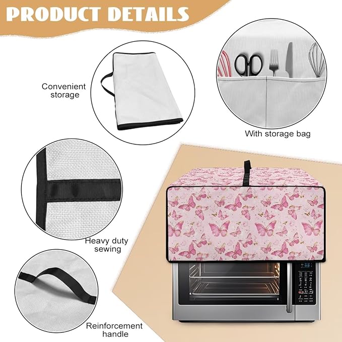 Pink Butterfly Print Microwave Oven Dust Cover Polyester-Linen Fabric Dust Cover for Microwave Oven Universal Dust-Proof Kitchen Appliance Protector Fits Most Microwaves, M