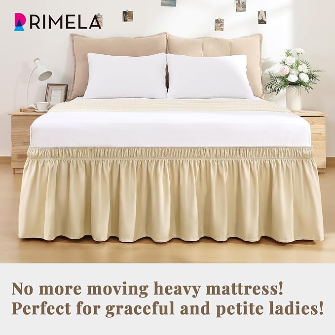 RIMELA Beige White Bed Skirt Queen Size 15 Inch Drop, Elastic Bed Skirting for Bed Base and Frame, Bedding Dust Ruffle Easy to Install, Lightweight Wrap Around Adjustable Bedskirt