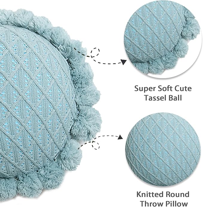 Acrylic Knitted Round Throw Pillow Knitting Bohemian Circular Cushion Pillow with Knit Handmade Pompoms Decorative Turquoise Green, Diameter 18inches
