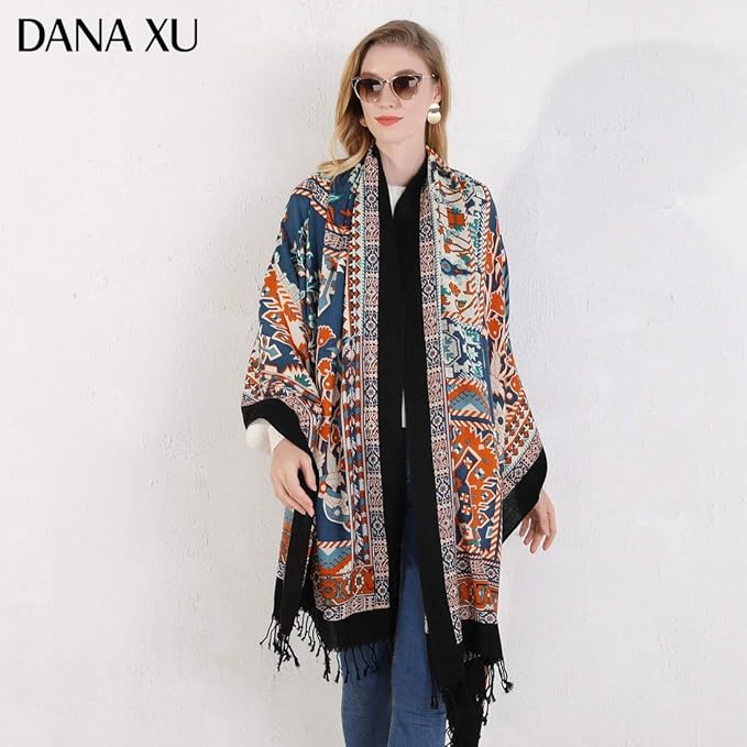 DANA XU 100% Merino Wool Pashmina Shawl for Women 96"x43", Oversized Cashmere Wrap with Tassels, Floral Travel Blanket Cape
