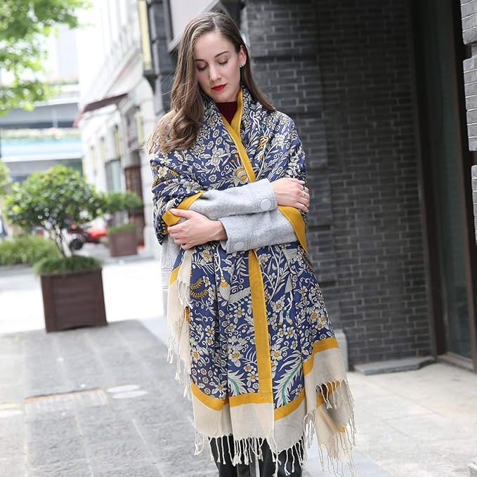 DANA XU 100% Merino Wool Pashmina Shawl for Women 96"x43", Oversized Cashmere Wrap with Tassels, Floral Travel Blanket Cape